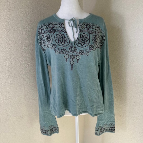 Sleeping On Snow Sweaters - Sleeping on Snow Sweater Women XL Teal Boho Embroidered Tie Neck Rayon Pullover